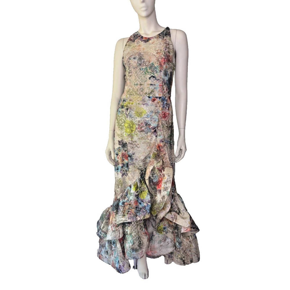Metallic Lace Floral Ruffle Gown‎ | Sequin Embellished Couture Statement